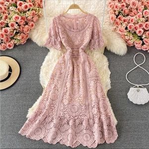 Blush floral lace midi dress